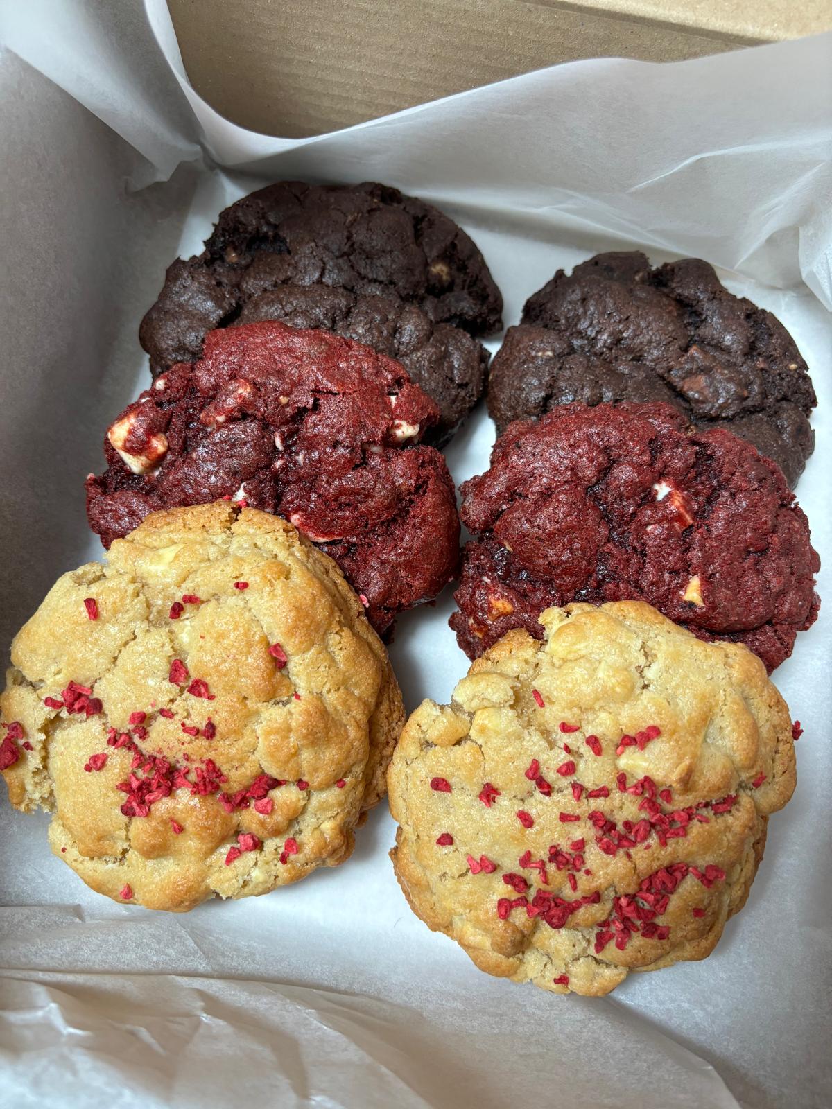 6 delicious Hooper's Cookies, in a variety of three flavours, ready to be delivered on the Isle of Wight.